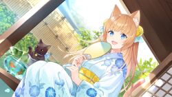Rule 34 | 1girl, :d, animal ear fluff, animal ears, bell, black cat, blonde hair, blue eyes, blue kimono, cat, cat ears, cat girl, cat tail, commission, e (eokiba), fish, fishbowl, floral print, goldfish, hair bell, hair ornament, hauchiwa, highres, indie virtual youtuber, japanese clothes, kimono, light brown hair, long hair, long sleeves, looking at viewer, open mouth, sash, sitting, skeb commission, smile, tail, virtual youtuber