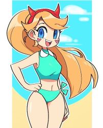 Rule 34 | 1girl, beach, bikini, blonde hair, blue eyes, breasts, curvy, disney, fake horns, hairband, heart, horned headwear, horns, long hair, navel, ponytail, small breasts, smile, star butterfly, star vs the forces of evil, swimsuit, wide hips