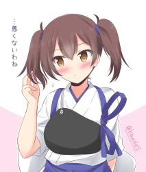 Rule 34 | 1girl, alternate hairstyle, blush, brown eyes, brown hair, kaga (kancolle), kantai collection, long hair, looking to the side, muneate, one-hour drawing challenge, shizuna kaede, solo, tasuki, twintails, upper body