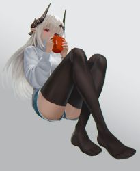 Rule 34 | absurdres, ahong, albino, alternate costume, arknights, black thighhighs, blue shorts, casual, crossed ankles, cup, cutoffs, foreshortening, full body, gradient background, grey background, highres, holding, holding cup, horns, knees up, long sleeves, mudrock (arknights), no shoes, pointy ears, red eyes, short shorts, shorts, sweater, thighhighs, thighs, turtleneck, turtleneck sweater, white hair, white sweater