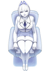 Rule 34 | 1girl, absurdres, animal ears, arm rest, armchair, blunt bangs, bob cut, breasts, byackopath, byackopath (artist), chair, collared shirt, colored skin, formal, from above, full body, grey eyes, grey skirt, grey vest, grin, half-closed eyes, highres, jacket, large breasts, loafers, long sleeves, looking at viewer, looking up, miniskirt, necktie, original, purple necktie, shirt, shoes, short hair, simple background, sitting, skirt, smile, solo, suit, suit jacket, vest, white background, white footwear, white hair, white shirt, white skin, white suit
