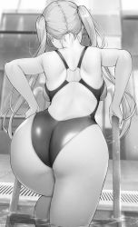 Rule 34 | 1girl, absurdres, ass, backboob, backless swimsuit, breasts, competition swimsuit, from behind, gentsuki, greyscale, highres, kimi omou koi, kuroe (kimi omou koi), long hair, monochrome, one-piece swimsuit, original, partially submerged, pool, pool ladder, solo, swimsuit, twintails, water