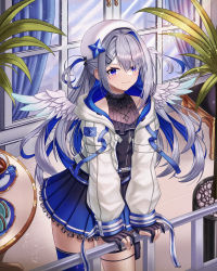 Rule 34 | 1girl, absurdres, amane kanata, amane kanata (work), angel, angel wings, beret, blue hair, colored inner hair, cup, curtains, feathered wings, food, frills, gloves, grey hair, hair ornament, hairclip, hat, highres, hololive, hood, hoodie, jacket, jewelry, long hair, macaron, melreon, multicolored hair, necklace, official alternate costume, partially fingerless gloves, plant, purple eyes, single thighhigh, smile, solo, teacup, thighhighs, two side up, virtual youtuber, window, wings, zettai ryouiki