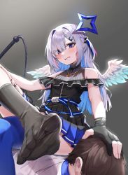Rule 34 | 1boy, 1girl, absurdres, amane kanata, amane kanata (work), angel, angel wings, asymmetrical legwear, blue hair, blue thighhighs, blush, bu leike, colored inner hair, feathered wings, feet, foreshortening, gloves, grey hair, hair intakes, hair ornament, hairclip, highres, hololive, long hair, multicolored hair, open mouth, partially fingerless gloves, purple eyes, single thighhigh, sitting, sitting on person, skindentation, socks, solo focus, thigh strap, thighhighs, toes, two side up, virtual youtuber, wings