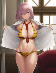 Rule 34 | 1girl, absurdres, ao banana, bare shoulders, bikini, blush, breasts, cleavage, closed mouth, collarbone, fate/grand order, fate (series), hair over one eye, highres, large breasts, light purple hair, looking at viewer, mash kyrielight, navel, necktie, open clothes, open shirt, orange bikini, purple eyes, red necktie, shirt, short hair, smile, solo, swimsuit, thighs, tiger stripes, white shirt