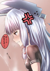 Rule 34 | 10s, 1girl, anger vein, blunt bangs, blush, breasts, clenched teeth, dress, eyebrows, flying sweatdrops, hair ribbon, headgear, kantai collection, long hair, looking down, murakumo (kancolle), murakumo kai ni (kancolle), nose blush, profile, red eyes, ribbon, sailor dress, sexually suggestive, short sleeves, sidelocks, simple background, small breasts, solo, speech bubble, suggestive fluid, tai (nazutai), teeth, translation request, trembling, tress ribbon, underwear, upper body, white hair