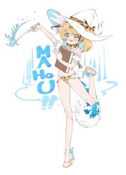 Rule 34 | 1girl, alternate costume, animal ears, bare legs, bare shoulders, bikini, blonde hair, blue bow, blush, book, bow, bowtie, cat ears, cat girl, detached sleeves, footwear bow, full body, hat, hat bow, high heels, highres, japari symbol, kemono friends, midriff, notora, open mouth, print bikini, print bow, print bowtie, puffy short sleeves, puffy sleeves, serval (kemono friends), serval print, short hair, short sleeves, smile, solo, standing, standing on one leg, swimsuit, tail, wand, water, wedge heels, white footwear, white hat, witch hat, yellow eyes