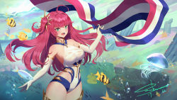 Rule 34 | 1girl, absurdres, ahoge, azur lane, bare shoulders, blush, breasts, bubble, dated, elbow gloves, fang, fish, flag, french flag, gloves, green eyes, hair ornament, hand up, highres, holding, holding flag, huge filesize, large breasts, long hair, looking at viewer, open mouth, red hair, sideboob, signature, sleeveless, smile, solo, surcouf (azur lane), white gloves, xiaoxiao nanjue buyaokeng
