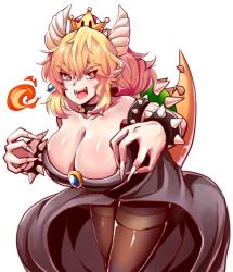 Rule 34 | bare shoulders, bent over, black dress, blonde hair, blue eyes, bowsette, bracelet, breasts, breath weapon, breathing fire, brooch, cleavage, collar, collarbone, commentary request, dress, earrings, eyebrows, fingernails, fire, foreshortening, horns, huge breasts, jewelry, long hair, looking at viewer, mario (series), megato, nail polish, new super mario bros. u deluxe, nintendo, open clothes, open dress, open mouth, outline, pantyhose, pointy ears, ponytail, red eyes, sharp fingernails, sharp teeth, shiny clothes, shiny skin, slit pupils, smile, solo, spiked bracelet, spiked collar, spiked shell, spiked tail, spikes, strapless, strapless dress, super crown, tail, teeth, thighband pantyhose, thighs, white nails, wide ponytail