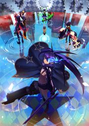 2021780 absurdres armored_boots belt bikini black_coat black_dress black_gold_saw black_rock_shooter black_rock_shooter_(character) black_shorts blue_eyes blue_fire blue_hair boots coat dead_master demon_tail dress fire flame_print flaming_eye glowing glowing_eye green_horns highres hood hoodie horns huge_weapon king_saw long_hair mechanical_arms multiple_girls open_clothes open_coat rock_cannon scythe shorts skeletal_hand star_(symbol) strength_(black_rock_shooter) swimsuit sword tail thighhighs twintails uneven_twintails weapon wings