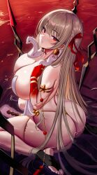 Rule 34 | 1girl, absurdres, ass, breasts, durga (fate), fate/grand order, fate (series), from above, highres, huge ass, kook, large breasts, red eyes, sitting, solo, taut clothes, wariza, white hair