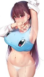Rule 34 | 1girl, arm up, bad id, bad twitter id, bikini, bikini bottom only, blush, breasts, covering own mouth, creatures (company), damda, fate/grand order, fate (series), game freak, gen 1 pokemon, hair intakes, large breasts, long sleeves, looking at viewer, navel, nintendo, pokemon, pokemon (creature), purple hair, red eyes, scathach (fate), squirtle, sweat, swimsuit, themed object