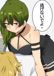 Rule 34 | 1boy, 1girl, :q, bent over, black choker, black dress, blonde hair, breast press, breasts, choker, cleavage, commentary request, dress, green hair, half-closed eyes, highres, land (sousou no frieren), looking at another, looking down, medium breasts, o-ring, o-ring choker, pleated dress, purple eyes, sakura 1110ssmm, shirt, side ponytail, smile, sousou no frieren, speech bubble, thigh strap, tongue, tongue out, translated, ubel (sousou no frieren), white shirt