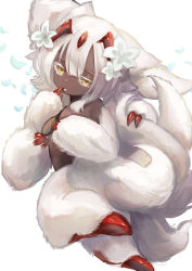 Rule 34 | 1girl, animal ears, blunt bangs, body fur, claws, colored eyelashes, commentary, dark-skinned female, dark skin, extra arms, falling petals, faputa, fewer digits, finger to mouth, flower, fluffy, from side, full body, hair flower, hair ornament, half-closed eyes, hand up, hemorina, highres, horns, leg up, looking at viewer, made in abyss, monster girl, multiple horns, multiple tails, petals, red horns, short hair, simple background, solo, tail, white background, white flower, white fur, white hair, yellow eyes