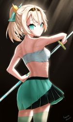 Rule 34 | 1girl, absurdres, backlighting, banpunsik, bare shoulders, blonde hair, breasts, chest sarashi, drawing sword, from behind, green eyes, highres, holding, holding sword, holding weapon, hololive, kazama iroha, light particles, light rays, looking back, midriff, midriff sarashi, ponytail, sarashi, skirt, small breasts, sweat, sword, turning head, virtual youtuber, weapon