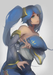 Rule 34 | 1girl, aqua eyes, bare shoulders, blue hair, breast lift, breasts, highres, huge breasts, large breasts, league of legends, lips, long hair, looking at viewer, sky of morika, solo, sona (league of legends), twintails