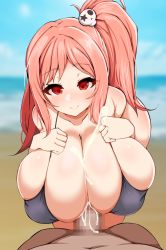 Rule 34 | 1boy, 1girl, ass, bikini, blush, breasts, censored, cum, cum on body, cum on breasts, cum on upper body, dead or alive, dead or alive 5, detritus, hand on own chest, highres, honoka (doa), huge ass, huge breasts, long hair, looking at viewer, paizuri, paizuri under clothes, penis, pink hair, red eyes, skull, sky, smile, swimsuit