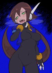 Rule 34 | 1girl, absurdres, aile (mega man zx), black bodysuit, blue jacket, blush, bodysuit, bodysuit under clothes, breasts, breath, brown hair, buzzlyears, commentary, covered erect nipples, covered navel, cowboy shot, cropped jacket, faux traditional media, finger to tongue, green eyes, highres, jacket, long hair, looking to the side, medium breasts, mega man (series), mega man zx, mega man zx advent, open clothes, open jacket, ponytail, saliva, sharp teeth, solo, teeth, tongue, upper teeth only