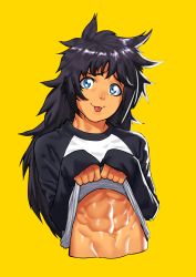 Rule 34 | 1boy, abs, absurdres, black hair, blue eyes, cessa, clothes lift, commission, cropped torso, highres, long hair, long sleeves, looking at viewer, male focus, muscular, muscular male, navel, original, raglan sleeves, shirt lift, simple background, sleeves past wrists, smile, solo, tongue, tongue out, trap, yellow background