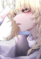 Rule 34 | 1girl, 33 gaff, blonde hair, hand on forehead, kirisame marisa, open mouth, shirt, simple background, solo, touhou, white background, white shirt, yellow eyes