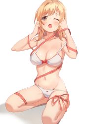 Rule 34 | 1girl, :o, absurdres, amanoyui, arms up, bad id, bad pixiv id, blush, bound, bow, bow bra, bow panties, bra, breasts, brown eyes, cleavage, collarbone, groin, highres, idolmaster, idolmaster shiny colors, light brown hair, long hair, medium breasts, navel, one eye closed, open mouth, panties, red bow, red ribbon, ribbon, ribbon bondage, sakuragi mano, simple background, sitting, skindentation, solo, strap slip, underwear, underwear only, wariza, white background, white bra, white panties