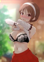 Rule 34 | 1girl, absurdres, black bra, blush, bra, breasts, brown eyes, brown hair, clothes lift, detached sleeves, hairband, highres, kantai collection, large breasts, lifted by self, natori (kancolle), navel, neve (morris-minicooper), nose blush, pleated skirt, red skirt, shirt, shirt lift, short hair, skirt, solo, underwear, undressing, white hairband, white shirt