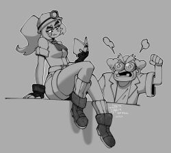 Rule 34 | artist name, backpack, bag, belt, blush stickers, book, boots, breasts, clenched hand, dated, fang, glasses, gloves, goombella, greyscale, heart, helmet, highres, holding, holding bag, holding book, humanization, long hair, mario (series), monochrome, necktie, nintendo, one eye closed, paper mario, paper mario: the thousand year door, pocket, ponytail, professor frankly, reading, searchlight, short sleeves, shorts, signature, simple background, sitting, thick eyebrows, thighs, za1f0n