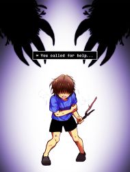 Rule 34 | androgynous, bad id, bad pixiv id, bent over, brown hair, child, claws, english text, flowey (undertale), frisk (undertale), gender request, hair over eyes, injury, jungyun99, photoshop flowey, shaded face, shirt, shorts, spoilers, stick, t-shirt, undertale