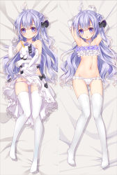 Rule 34 | 1girl, ahoge, arms behind head, arms up, azur lane, bakugadou, bare shoulders, bed sheet, blue eyes, blue hair, blush, bra, closed mouth, dakimakura (medium), dress, elbow gloves, frilled bra, frills, full body, gloves, gluteal fold, groin, holding, holding stuffed toy, long hair, looking at viewer, lying, multiple views, navel, no shoes, on back, open mouth, panties, pink panties, stomach, strapless, strapless dress, stuffed animal, stuffed toy, stuffed winged unicorn, thighhighs, underwear, unicorn, unicorn (azur lane), white dress, white gloves, white panties, white thighhighs