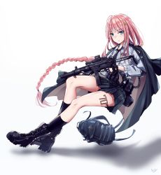 Rule 34 | 1girl, bag, blue eyes, commentary request, eotech, gun, highres, long hair, looking at viewer, military, military uniform, original, pink hair, skirt, solo, uniform, very long hair, weapon, white background, yp7 (vvy)