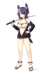 Rule 34 | 1girl, alternate costume, bad id, bad pixiv id, bikini, black jacket, breasts, cleavage, eyepatch, full body, hand on own hip, headgear, holding, holding sword, holding weapon, jacket, kantai collection, katana, kotobuki (momoko factory), large breasts, long sleeves, navel, open clothes, open jacket, purple hair, sandals, short hair, simple background, solo, standing, swimsuit, sword, tenryuu (kancolle), weapon, white background, white bikini, yellow eyes