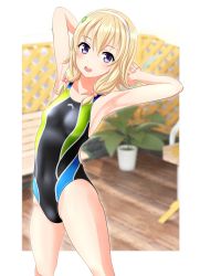 Rule 34 | 1girl, absurdres, arms behind head, bench, black one-piece swimsuit, blonde hair, blurry, blurry background, breasts, competition swimsuit, covered navel, cowboy shot, hair bobbles, hair ornament, hairband, high school fleet, highres, medium hair, multicolored clothes, multicolored swimsuit, one-piece swimsuit, open mouth, plant, potted plant, purple hair, small breasts, solo, standing, swimsuit, takafumi, wakasa reo, white hairband