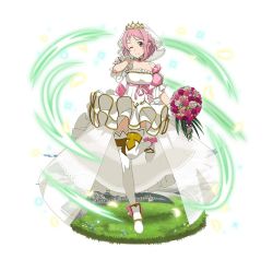 Rule 34 | 1girl, ;), ankle ribbon, arm strap, back bow, bouquet, bow, bridal veil, choker, collarbone, diadem, dress, faux figurine, flower, full body, gloves, hair ornament, hairclip, hand in own hair, holding, holding bouquet, layered dress, leg ribbon, leg up, lisbeth (sao-alo), looking at viewer, one eye closed, pink bow, pink flower, pink hair, pink ribbon, pink rose, pointy ears, red eyes, red flower, red rose, ribbon, rose, see-through, short dress, short hair, simple background, sleeveless, sleeveless dress, smile, solo, standing, standing on one leg, strapless, strapless dress, sword art online, thighhighs, veil, waist cape, wedding dress, white background, white dress, white flower, white gloves, white rose, white thighhighs