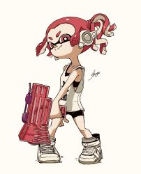 Rule 34 | 1girl, artist name, bare shoulders, behind-the-head headphones, bike shorts, black bra, black shorts, bra, closed mouth, commentary request, flat chest, full body, headphones, highres, holding, holding weapon, inkling, inkling girl, inkling player character, legs apart, nintendo, oversized clothes, oversized shirt, print tank top, red eyes, red hair, shirt, shoes, shogo (shogo70449442), short hair, short twintails, shorts, smile, sneakers, solo, splatoon (series), splatoon 3, splattershot jr (splatoon), standing, tank top, tentacle hair, twintails, underwear, weapon, white background, white footwear, white headphones, white tank top
