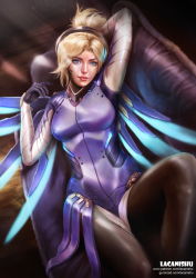 Rule 34 | 1girl, alternate color, arm behind head, artist name, bad deviantart id, bad id, blonde hair, blue eyes, blue wings, bodysuit, breasts, couch, glowing, glowing wings, halo, high ponytail, highres, lacanishu, large breasts, lips, looking at viewer, mechanical halo, mechanical wings, mercy (overwatch), on couch, overwatch, overwatch 1, pantyhose, realistic, solo, sunlight, wings