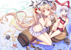 Rule 34 | 2girls, adjusting hair, animal ears, anklet, anne bonny (fate), anne bonny (fate/grand order), anne bonny (swimsuit archer) (fate), anne bonny (swimsuit archer) (second ascension) (fate), arm support, ass, barefoot, barrel, bikini, bikini skirt, blonde hair, blue eyes, blue hair, bracelet, breasts, butt crack, cleavage, coin, collar, collarbone, expressionless, fake animal ears, fate/grand order, fate (series), feathers, flower, from above, front-tie top, hair flower, hair ornament, hairband, hat, highres, jewelry, jh, large breasts, long hair, looking to the side, mary read (fate), mary read (fate/grand order), mary read (swimsuit archer) (fate), mary read (swimsuit archer) (second ascension) (fate), medium breasts, miniskirt, multiple girls, navel, orange eyes, pectorals, pirate hat, pleated skirt, rabbit ears, rock, shoes, sitting, skirt, smile, starfish, strap gap, swimsuit, twintails, very long hair