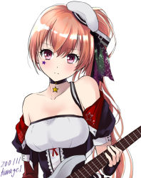 Rule 34 | 1girl, alternate costume, alternate hairstyle, artist name, beret, black gloves, blush, breasts, brown eyes, brown hair, closed mouth, dated, detached sleeves, dress, electric guitar, fingerless gloves, gloves, guitar, hair between eyes, hair ornament, hat, instrument, johnston (kancolle), kantai collection, kurage1, light brown hair, long hair, looking at viewer, medium breasts, mini hat, off shoulder, one-hour drawing challenge, side ponytail, solo, strapless, two side up, upper body, white hat