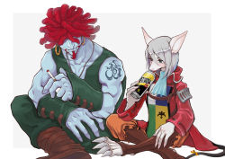 Rule 34 | 1boy, 1girl, animal ears, arm tattoo, bow, burmecian, can, cigarette, claws, drinking, earrings, energy drink, final fantasy, final fantasy ix, freija crescent, hair over eyes, highres, hoop earrings, indian style, jewelry, mouse ears, mouse tail, red hair, salamander coral, sekiya (akaya2580), short hair, silver hair, sitting, sweatdrop, tail, tail bow, tail ornament, tattoo, toeless legwear