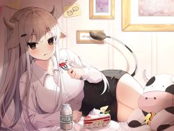 Rule 34 | 1girl, :p, absurdres, animal ears, arm support, black skirt, blush, bottle, breasts, brown eyes, cake, cake slice, collared shirt, commentary, cow ears, cow girl, cow horns, cow tail, dress shirt, eating, food, fork, highres, holding, holding fork, horns, indoors, large breasts, long hair, long sleeves, looking at viewer, lying, milk bottle, nannung, on side, original, pencil skirt, plate, shirt, skirt, solo, strawberry cake, stuffed animal, stuffed cow, stuffed toy, symbol-only commentary, tail, tongue, tongue out, white hair, white shirt