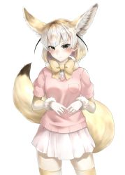 Rule 34 | 1girl, animal ear fluff, animal ears, blonde hair, blush, bow, bowtie, commentary request, cowboy shot, elbow gloves, extra ears, fennec (kemono friends), fox ears, fox tail, gloves, gradient hair, highres, kemono friends, looking at viewer, multicolored hair, p rosu, pink sweater, short hair, short sleeves, simple background, skirt, solo, sweater, tail, thighhighs, white background, white gloves, white hair, white skirt, yellow bow, yellow bowtie, yellow eyes, yellow thighhighs, zettai ryouiki