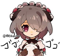 Rule 34 | 1girl, artist name, brown hair, closed mouth, hair over one eye, holding, holding plate, honkai (series), honkai impact 3rd, looking at viewer, maid, maid headdress, meadow (morphinecaca), plate, purple eyes, rita rossweisse, rita rossweisse (umbral rose), short hair, simple background, smile, solo, white background