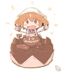 Rule 34 | 10s, 1girl, apron, blush stickers, brown eyes, brown hair, cake, chocolate, commentary request, fang, food, food on clothes, hair ornament, hairclip, hanomido, ikazuchi (kancolle), kantai collection, looking at viewer, mini person, minigirl, open mouth, outstretched arms, school uniform, serafuku, short hair, smile, solo, tenugui