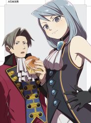Rule 34 | 1boy, 1girl, ace attorney, ace attorney investigations, aged down, ascot, bare shoulders, black gloves, blue eyes, blue gemstone, blue hair, blush, dorayaki, food, franziska von karma, gem, gloves, grey eyes, grey hair, hair intakes, hand on own hip, highres, holding, holding food, jacket, long hair, long sleeves, looking at another, looking at viewer, miles edgeworth, red jacket, short hair, sleeveless, smile, swept bangs, upper body, wagashi, wahootarou