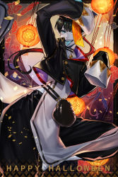 Rule 34 | 1boy, bishounen, black hair, blunt bangs, chinese clothes, choker, colored skin, eyeliner, halloween, happy halloween, hat, highres, jiangshi, lamp, lantern, long sleeves, looking at viewer, m/g, makeup, male focus, mole, mole under eye, ofuda, open mouth, original, pointy ears, qingdai guanmao, semi-transparent, short hair, sleeves past wrists, smile, solo, tongue, tongue out, white skin