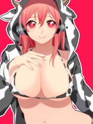 Rule 34 | 1girl, animal print, bikini, blush, breasts, cleavage, cow print, hands on own chest, headphones, heart, heart-shaped pupils, highres, horns, large breasts, long hair, looking at viewer, mihatarou, navel, nitroplus, pink eyes, pink hair, smile, solo, super sonico, swimsuit, symbol-shaped pupils