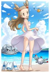Rule 34 | 00s, 1990s (style), 1girl, alternate color, ankleband, anklet, ass, barefoot, beach, blush, body blush, bow, brown eyes, brown hair, butt crack, cloud, creatures (company), day, dress, feet, from behind, game freak, gen 1 pokemon, gen 2 pokemon, gen 3 pokemon, gym leader, hair bobbles, hair ornament, jasmine (pokemon), jewelry, long hair, looking back, magnemite, nintendo, ocean, outdoors, panties, pelipper, pokemoa, pokemon, pokemon (creature), pokemon dppt, pokemon gsc, pokemon hgss, retro artstyle, sandals, see-through, shiny skin, sky, smile, soles, steelix, sundress, twintails, two side up, underwear, unworn sandals, water, white dress, wingull