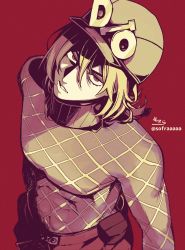 Rule 34 | 1boy, argyle, argyle clothes, argyle sweater, blonde hair, brown eyes, brown sweater, covered navel, diego brando, from above, gloves, hat, highres, jodhpurs, jojo no kimyou na bouken, looking at viewer, looking up, male focus, pants, parted lips, red background, red eyes, signature, simple background, sofra, solo, spurs, standing, steel ball run, sweater, turtleneck, twitter username