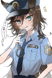 Rule 34 | 1girl, alternate costume, animal ears, black necktie, blue shirt, breast pocket, brown hair, closed mouth, collared shirt, cuffs, ears through headwear, gloves, hair between eyes, hair ornament, hairclip, handcuffs, hat, highres, holding, holding handcuffs, horse ears, horse girl, kumo (mokumoku warabi), licking lips, looking at viewer, mr. c.b. (umamusume), necktie, notice lines, pocket, police, police hat, police uniform, shirt, shirt tucked in, short sleeves, solo, speech bubble, tongue, tongue out, translation request, umamusume, uniform, upper body, white gloves