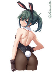Rule 34 | 1girl, alternate costume, animal ears, ass, back, black gloves, black leotard, black pantyhose, blue hair, blush, bow, bowtie, breasts, cowboy shot, detached collar, ebifurya, eyepatch, fake animal ears, fake tail, gloves, green eyes, hair between eyes, highres, kantai collection, kiso (kancolle), leotard, looking at viewer, pantyhose, playboy bunny, rabbit ears, rabbit tail, short hair, side-tie leotard, simple background, small breasts, solo, strapless, strapless leotard, tail, twitter username, white background, wing collar, wrist cuffs