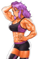 Rule 34 | 1girl, abs, arm up, bare shoulders, biceps, black shorts, blush, borrowed character, breasts, cessa, cleavage, cowboy shot, hand on own hip, large breasts, long hair, muscular, muscular female, original, parted lips, purple eyes, purple hair, shorts, simple background, solo, sports bra, thighhighs, veins, white background